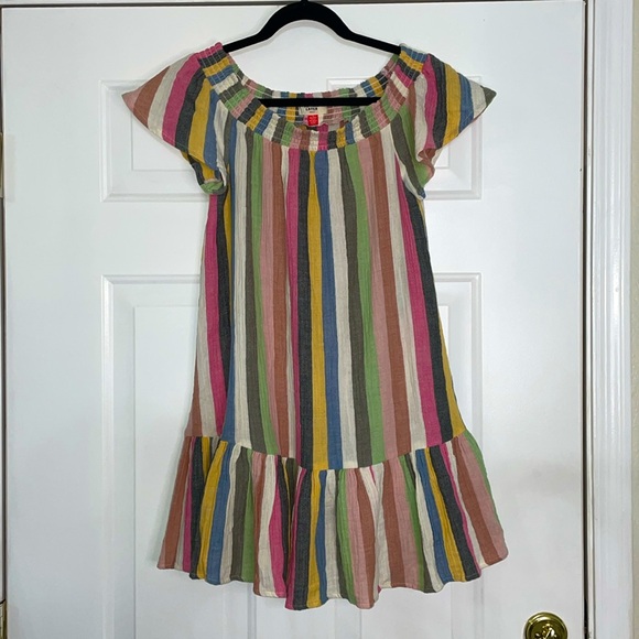 MARINE LAYER Shirley Rainbow Stripe Off Shoulder Ruffle Hem Mini Skirt Dress S - Picture 3 of 9